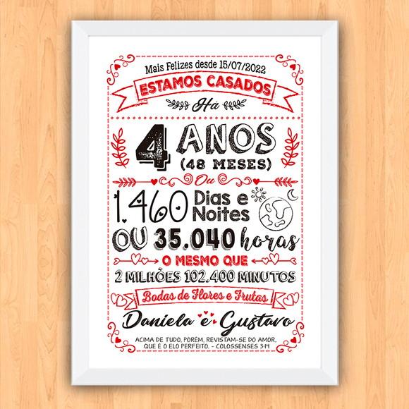 Quadro Poster Chalkboard Bodas 4 Anos Flores A3 30x42cm