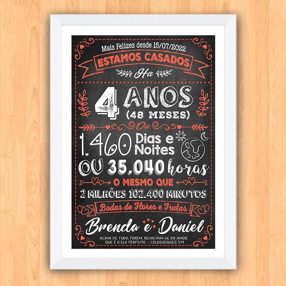 Quadro Poster Chalkboard Bodas 4 Anos Flores A3 30x42cm