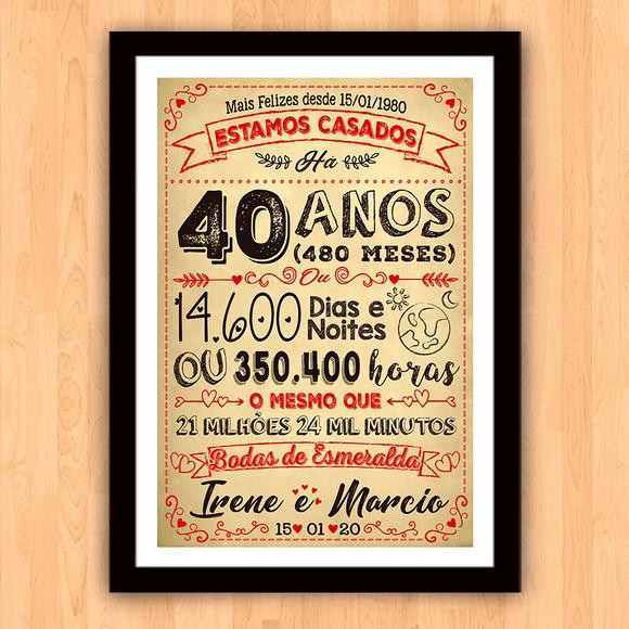 Quadro Poster Chalkboard Bodas 40 Anos Esmeralda A3 30x42cm