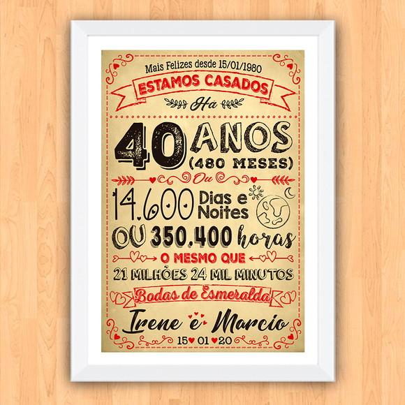 Quadro Poster Chalkboard Bodas 40 Anos Esmeralda A3 30x42cm