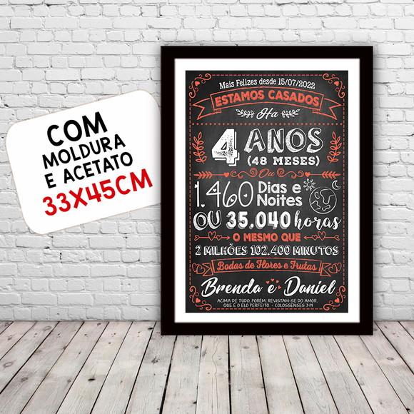 Quadro Poster Chalkboard Bodas 4 Anos Flores A3 30x42cm