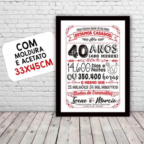 Quadro Poster Chalkboard Bodas 40 Anos Esmeralda A3 30x42cm