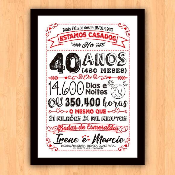 Quadro Poster Chalkboard Bodas 40 Anos Esmeralda A3 30x42cm