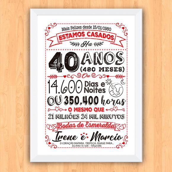 Quadro Poster Chalkboard Bodas 40 Anos Esmeralda A3 30x42cm