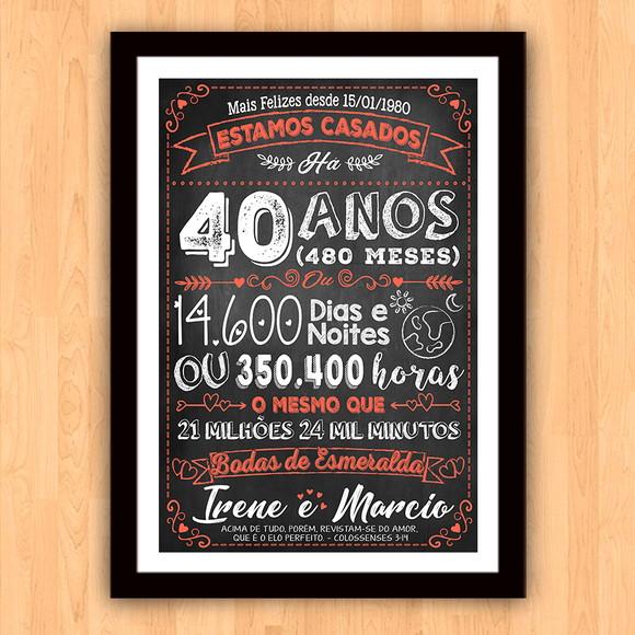 Quadro Poster Chalkboard Bodas 40 Anos Esmeralda A3 30x42cm