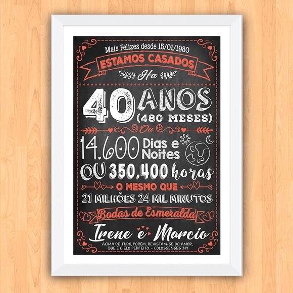 Quadro Poster Chalkboard Bodas 40 Anos Esmeralda A3 30x42cm