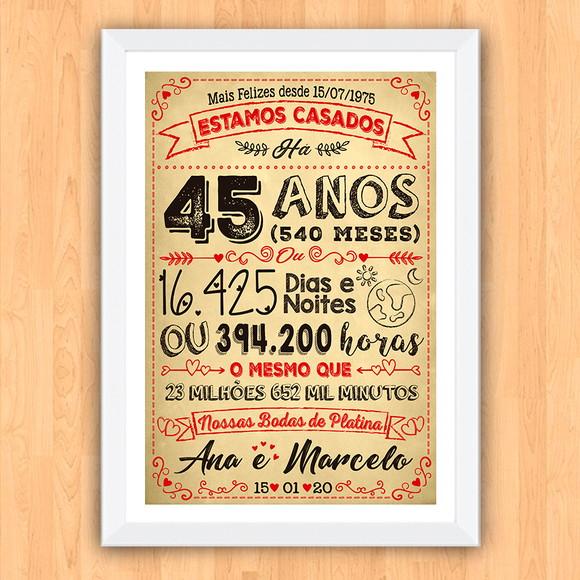 Quadro Poster Chalkboard Bodas 45 Anos Platina A3 30x42cm