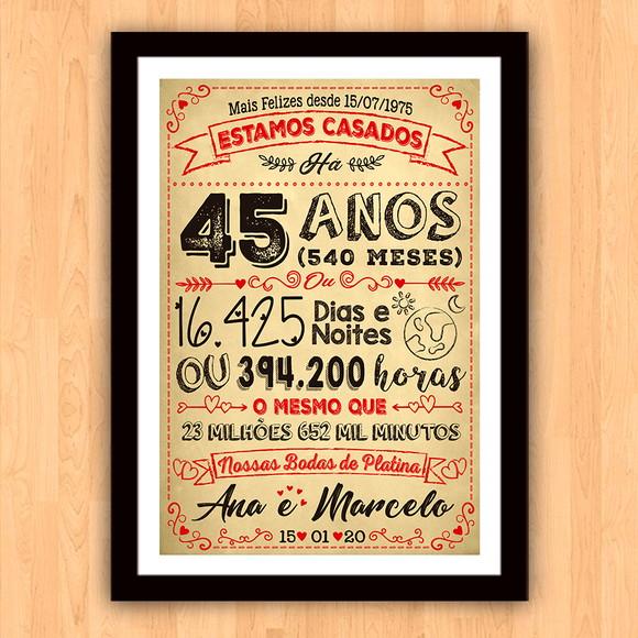 Quadro Poster Chalkboard Bodas 45 Anos Platina A3 30x42cm