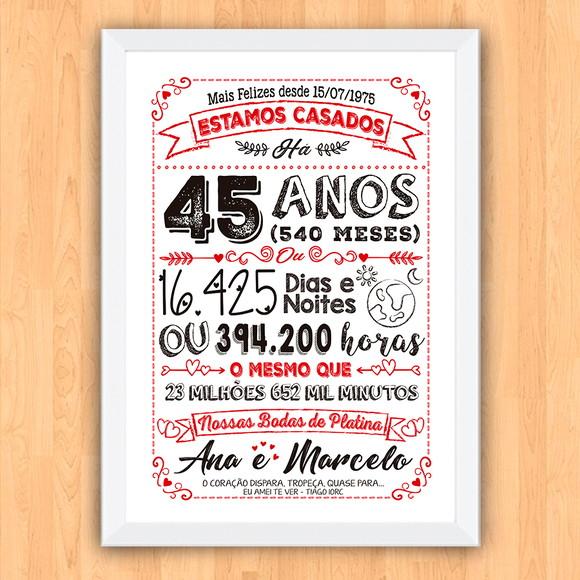 Quadro Poster Chalkboard Bodas 45 Anos Platina A3 30x42cm