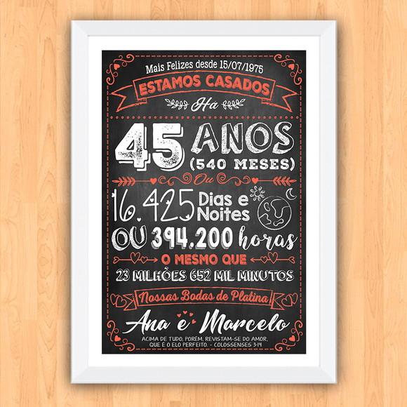 Quadro Poster Chalkboard Bodas 45 Anos Platina A3 30x42cm