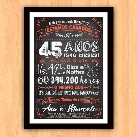 Quadro Poster Chalkboard Bodas 45 Anos Platina A3 30x42cm