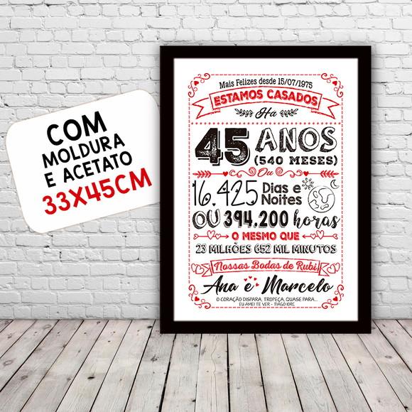 Quadro Poster Chalkboard Bodas 45 Anos Rubi A3 30x42cm