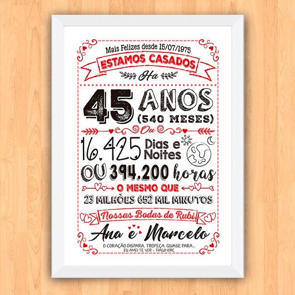 Quadro Poster Chalkboard Bodas 45 Anos Rubi A3 30x42cm