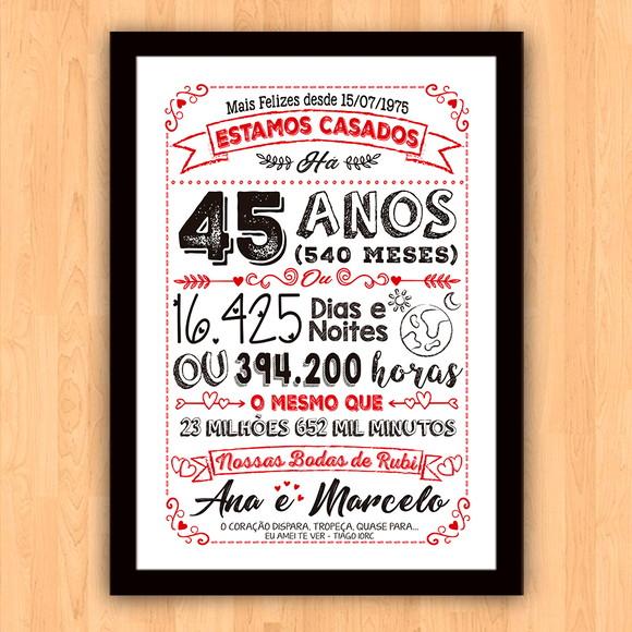 Quadro Poster Chalkboard Bodas 45 Anos Rubi A3 30x42cm