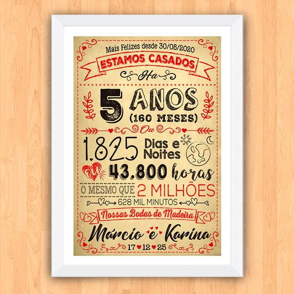 Quadro Poster Chalkboard Bodas 5 Anos Madeira A3 30x42cm