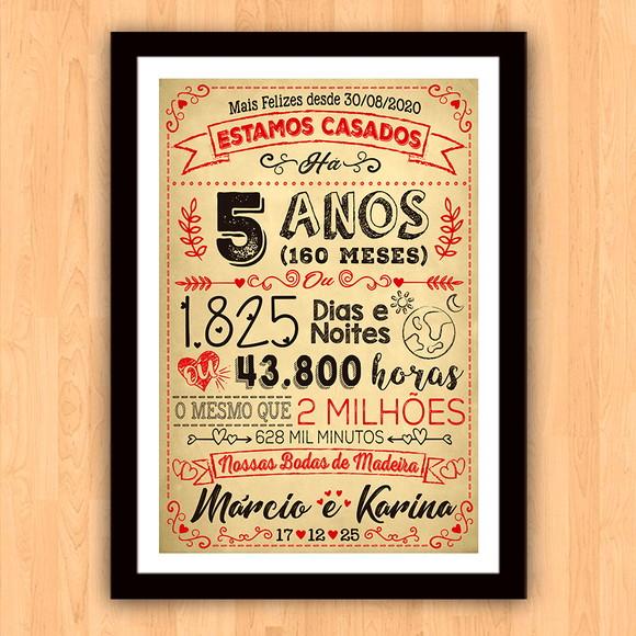 Quadro Poster Chalkboard Bodas 5 Anos Madeira A3 30x42cm
