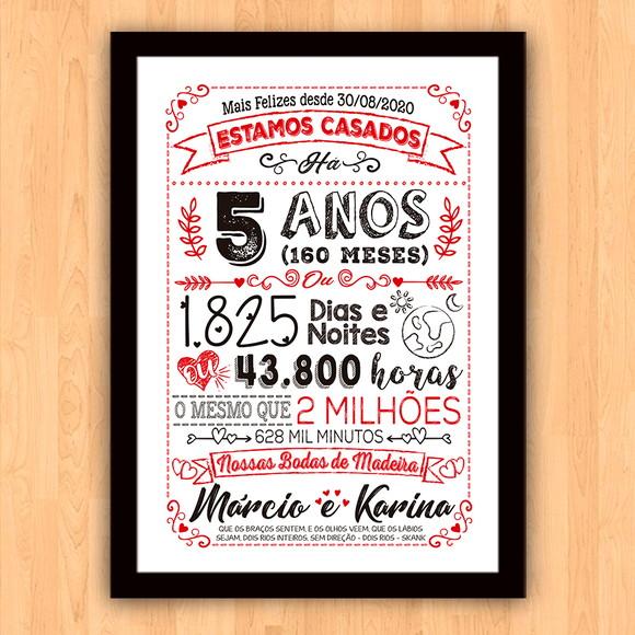 Quadro Poster Chalkboard Bodas 5 Anos Madeira A3 30x42cm