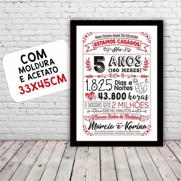 Quadro Poster Chalkboard Bodas 5 Anos Madeira A3 30x42cm