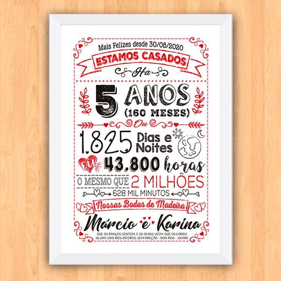Quadro Poster Chalkboard Bodas 5 Anos Madeira A3 30x42cm