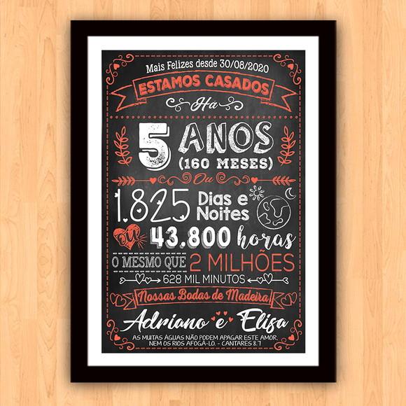 Quadro Poster Chalkboard Bodas 5 Anos Madeira A3 30x42cm