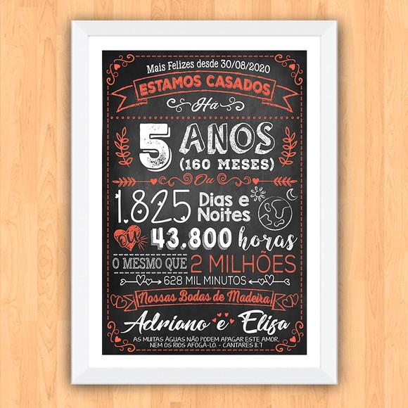 Quadro Poster Chalkboard Bodas 5 Anos Madeira A3 30x42cm