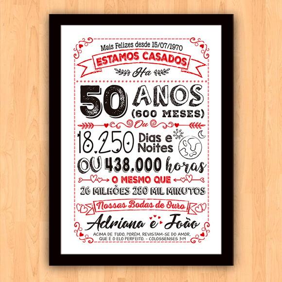 Quadro Poster Chalkboard Bodas 50 Anos Ouro A3 30x42cm