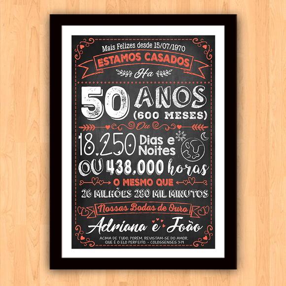 Quadro Poster Chalkboard Bodas 50 Anos Ouro A3 30x42cm