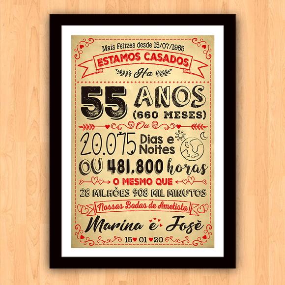 Quadro Poster Chalkboard Bodas 55 Anos Ametista A3 30x42cm