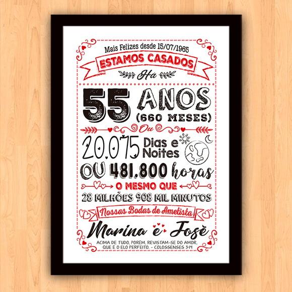 Quadro Poster Chalkboard Bodas 55 Anos Ametista A3 30x42cm