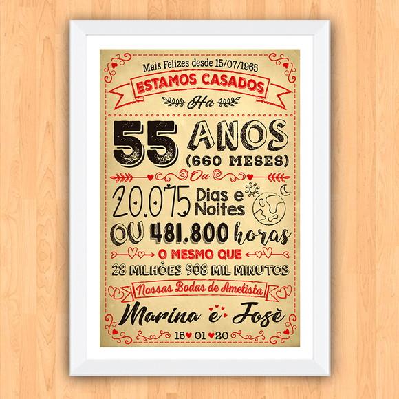Quadro Poster Chalkboard Bodas 55 Anos Ametista A3 30x42cm