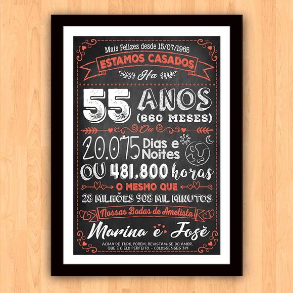 Quadro Poster Chalkboard Bodas 55 Anos Ametista A3 30x42cm