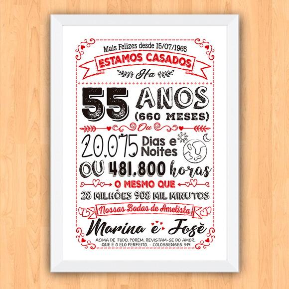 Quadro Poster Chalkboard Bodas 55 Anos Ametista A3 30x42cm