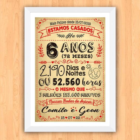 Quadro Poster Chalkboard Bodas 6 Anos Açúcar A3 30x42cm