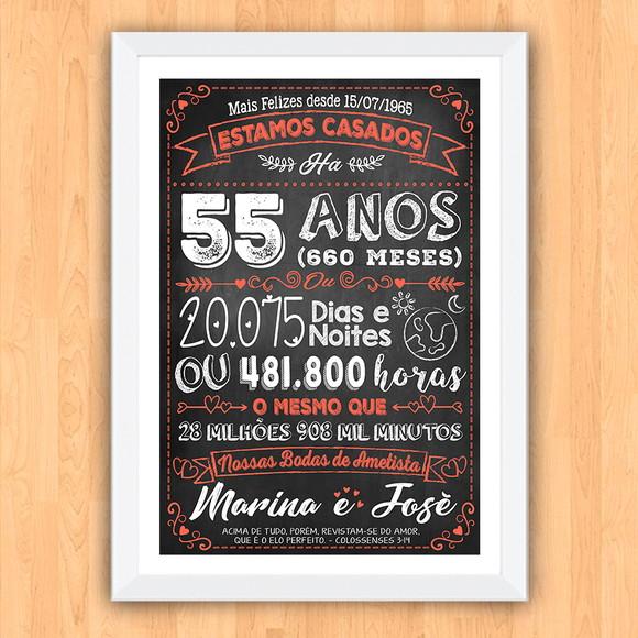 Quadro Poster Chalkboard Bodas 55 Anos Ametista A3 30x42cm