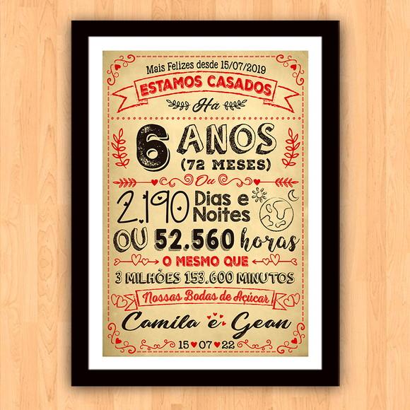 Quadro Poster Chalkboard Bodas 6 Anos Açúcar A3 30x42cm
