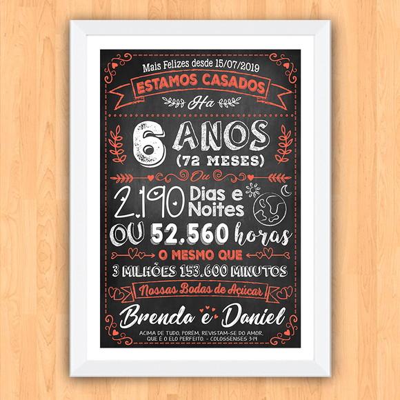 Quadro Poster Chalkboard Bodas 6 Anos Açúcar A3 30x42cm