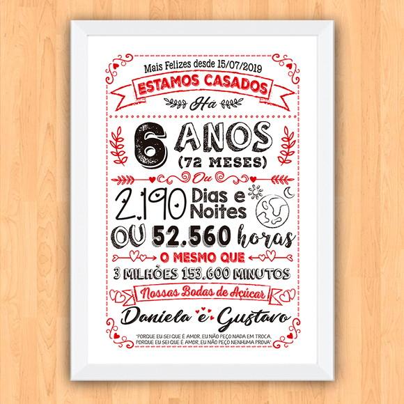 Quadro Poster Chalkboard Bodas 6 Anos Açúcar A3 30x42cm