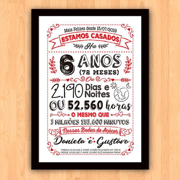 Quadro Poster Chalkboard Bodas 6 Anos Açúcar A3 30x42cm