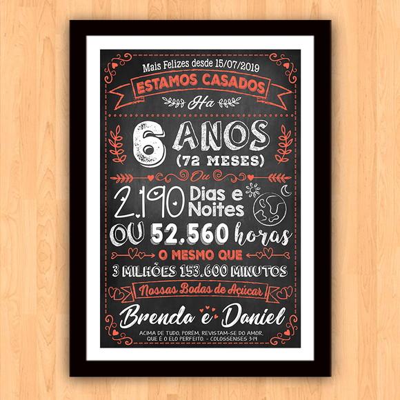 Quadro Poster Chalkboard Bodas 6 Anos Açúcar A3 30x42cm
