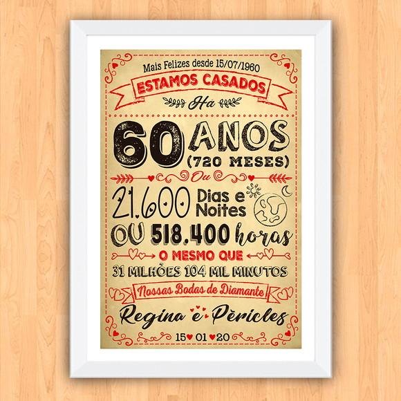 Quadro Poster Chalkboard Bodas 60 Anos Diamante A3 30x42cm