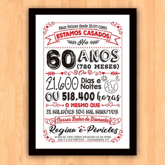 Quadro Poster Chalkboard Bodas 60 Anos Diamante A3 30x42cm