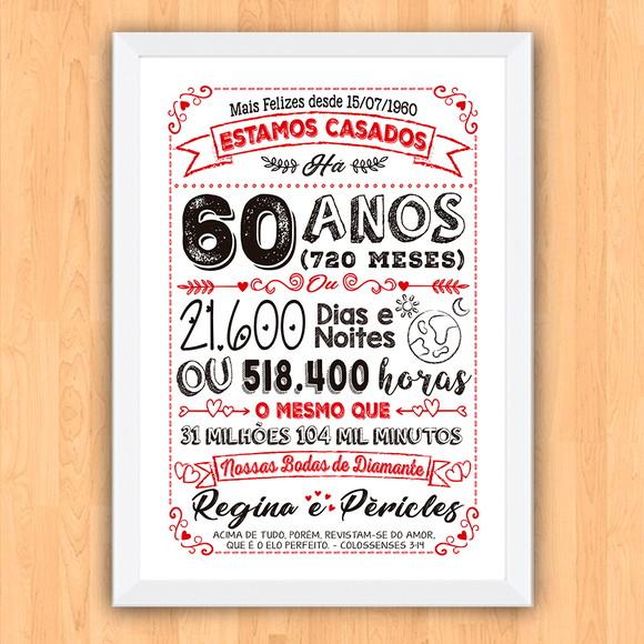 Quadro Poster Chalkboard Bodas 60 Anos Diamante A3 30x42cm
