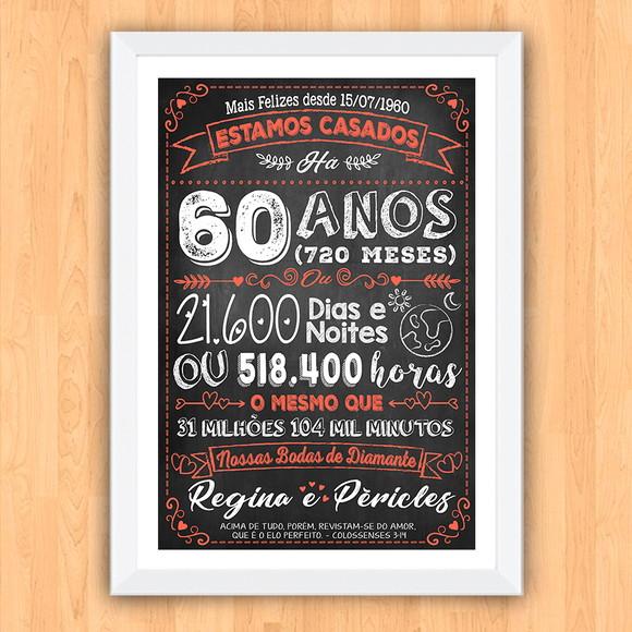 Quadro Poster Chalkboard Bodas 60 Anos Diamante A3 30x42cm