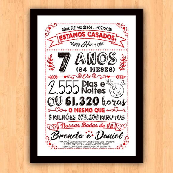 Quadro Poster Chalkboard Bodas 7 Anos Lã A3 30x42cm