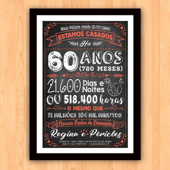 Quadro Poster Chalkboard Bodas 60 Anos Diamante A3 30x42cm