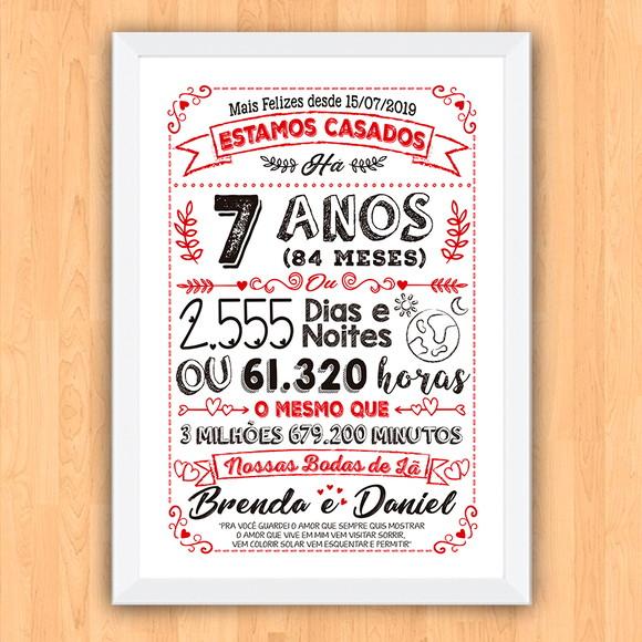 Quadro Poster Chalkboard Bodas 7 Anos Lã A3 30x42cm