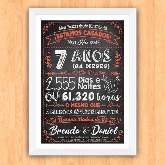 Quadro Poster Chalkboard Bodas 7 Anos Lã A3 30x42cm