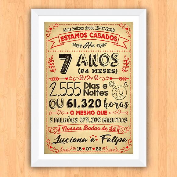 Quadro Poster Chalkboard Bodas 7 Anos Lã A3 30x42cm