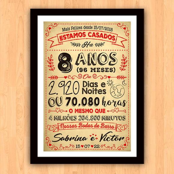 Quadro Poster Chalkboard Bodas 8 Anos Barro A3 30x42cm