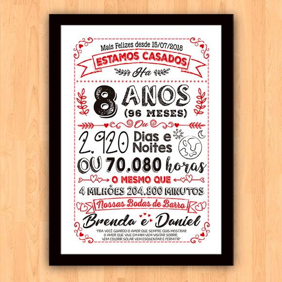 Quadro Poster Chalkboard Bodas 8 Anos Barro A3 30x42cm